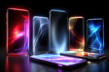 Poster - Colorful illuminated smartphones arranged artistically on dark background