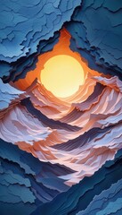 Poster - Stunning layered paper art depicting vivid sunset over ocean waves for mobile wallpaper