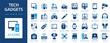 © Jan - Tech gadgets flat icons collection. Smartphone, computer, GPS, smartwatch, game controller, headphones, smart TV, drone, CCTV, webcam, USB, laptop, PC sign set.