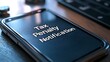 © Sam - Close-up of a smartphone displaying 'Tax Penalty Notification' on the screen, with coins and a keyboard in the background.