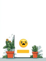 Aufkleber - Website Error Screen Displaying a Frowning Emoji With Plants in Pots and Clear Right Zone Design