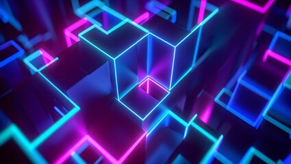 Poster - Neon Cubes Abstract 3D Digital Art, Glowing Geometric Shapes, Futuristic Cyberpunk Style