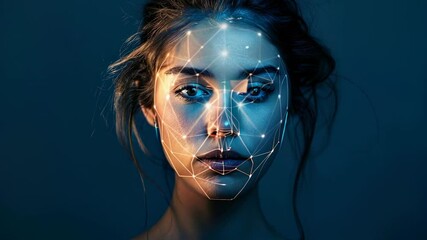 Poster - Facial recognition technology, face of young woman with digital glowing lines of biometric data on dark background. Concept of identification, person.