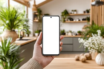 Aufkleber - A person holding a blank white screen smartphone in a modern kitchen, showcasing interior design, plants, and a cozy, inviting atmosphere in a well-lit domestic space.
