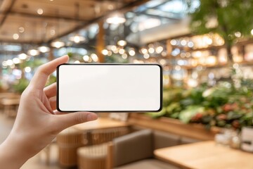 Aufkleber - A person holds a modern smartphone with a blank screen in a cafe setting, perfect for showcasing app designs or advertising content against a blurred background.