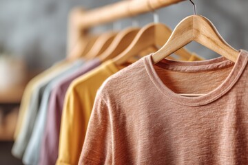Poster - Close-up studio shot of a row of colorful t-shirts hanging on wooden hangers, showcasing a variety of soft pastel tones and textures for casual wardrobe selections.