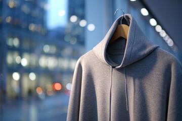 Poster - Close up studio shot of a grey hoodie hanging on a wooden hanger against a blurred background of city lights and modern architecture at dusk time.
