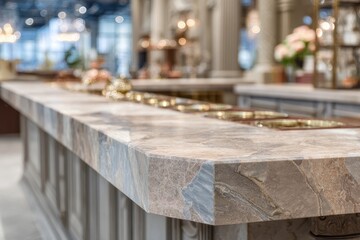 Poster - A luxurious marble countertop with intricate veining, set in an elegant interior design, featuring decorative elements and a blurred background.