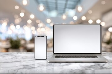 Aufkleber - laptop and smartphone with blank screens on a marble table against blurred background, presenting a 