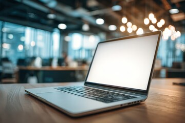 Aufkleber - Close up of a modern laptop with a blank white screen on a wooden desk in a bright and contemporary office space setting, ready for content insertion.