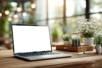 Aufkleber - a modern laptop with a blank white screen sits on a rustic wooden desk near plants, bathed in soft, 