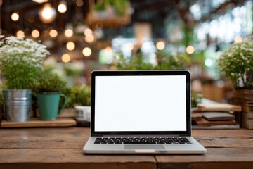 Aufkleber - A modern laptop with a blank screen sits on a rustic wooden table surrounded by vibrant greenery and soft, ambient lighting, creating a warm and inviting workspace.
