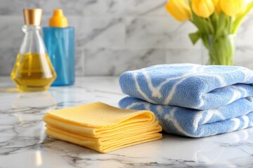 Poster - a neatly folded stack of soft yellow cloths alongside neatly stacked blue towels on a marble counter