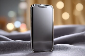 Poster - A sleek and modern smartphone resting on a luxurious draped fabric, showcasing the smooth screen, design and elegant composition with blurred background lights.