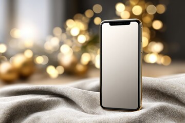 Poster - A modern gold-rimmed smartphone mockup with a blank screen on a textured fabric surface, set against a blurred background of festive golden bokeh lights.