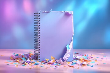 Fototapete - A pastel purple notebook with torn edges surrounded by colorful paper confetti stands on a glossy surface against a vibrant gradient background.
