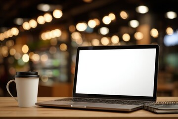 Aufkleber - Laptop with blank screen on wooden table with coffee cup, blurred light background, ideal for showcasing apps, websites, presentations with focus and depth of field