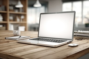Aufkleber - laptop with a blank white screen on a wooden desk, alongside a notebook, pen, mug, and glasses creat