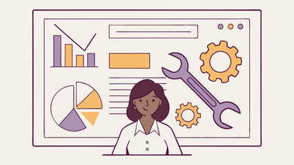 Aufkleber - Illustration of a woman in front of a dashboard with charts and a wrench and gears displayed on it