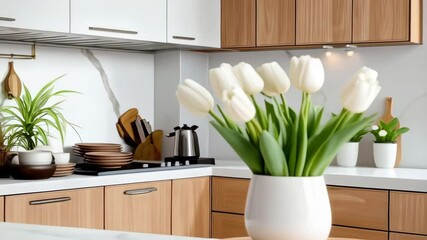 Poster - Modern kitchen design featuring white countertops, wooden cabinets, potted plants, and tulip flower arrangement near a window