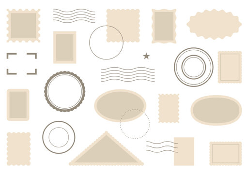 Postal watermark. Blank different types stamp frames, imprints. Travel stickers and labels. Postmark seals. Vintage inked geometric borders and wave lines. Vector mail marks set