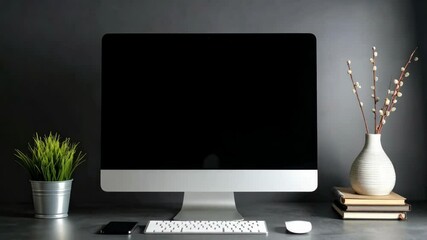 Poster - Work desk setup featuring a monitor, keyboard, mouse, plant, vase with budding branches, and stacked books against a gray background.