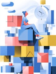 Poster - Time Management Strategies for Teens Illustrated Through Digital Blocks and a Seated Figure Contemplating Their Schedule