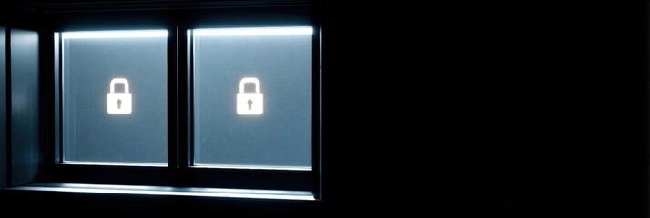 Poster - Security Breach Alert Visible on Window With Blinking Lock Symbols Indicating a Potential Threat at Night