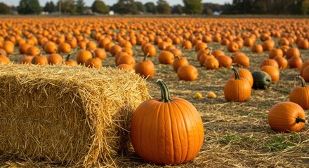 vibrant pumpkin patch with golden hay bales under a clear blue sky, ideal for autumn harvest celebra