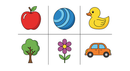 Poster - A grid of cartoon drawings showing an apple, egg, duck, tree, flower, and car in a simple illustration