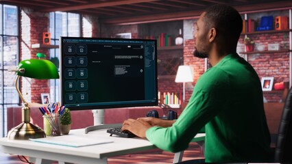 Poster - Remote worker uses conversational AI bot to help solve daily tasks, chatting with machine learning powered chatbot to generate data responses. Efficiency with AI assistant tool. Camera A.