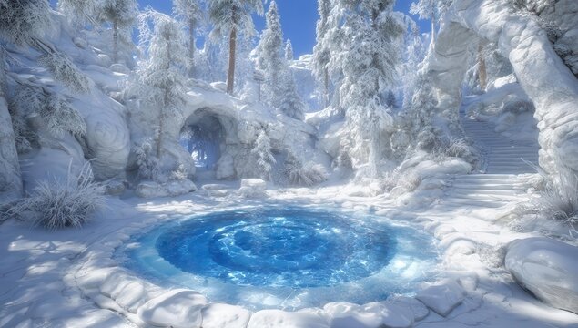 A serene and enchanting winter forest at dawn, blanketed with snowflakes, set against a 3D backdrop of winter scenery, complete with a photorealistic 8k illustration and copy space, rendered in