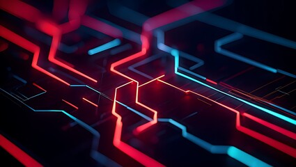 Fototapete - Abstract Futuristic Technology Background Red and Blue Neon Circuit Lines