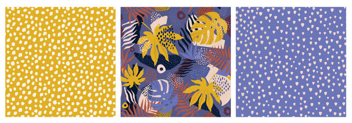 Collage contemporary tropical and polka dot shapes seamless pattern set. Modern Art Collection design for paper, cover, fabric, interior decor, and other users.