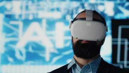 Poster - IT engineer works with vr headset and artificial intelligence brain, employs algorithmic programming within a futuristic interface for digital transformation and deep learning. AI ethics. Camera A.