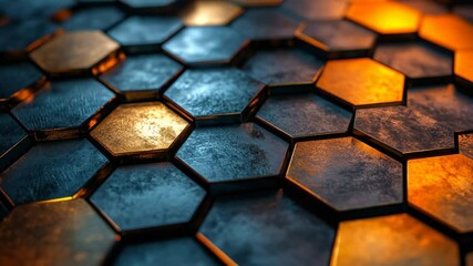 Poster - A mesmerizing display of hexagonal metal tiles shines softly as warm light reflects off their surface.