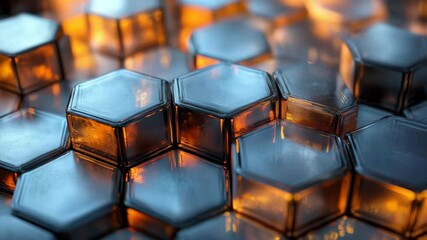 Poster - An enchanting display of hexagonal shapes with a glowing effect captivates the viewer, as light dances across surfaces, creating mesmerizing patterns and textures in a contemporary environment.