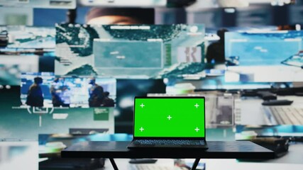 Poster - Modern army command center with laptop running chroma key screen, defense forces tactics created with satellite surveillance data for war planning. Global safety operations. Camera B.