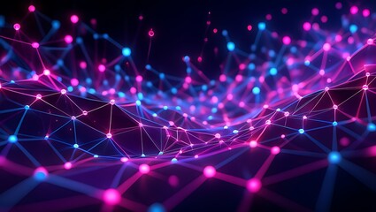 Fototapete - Abstract Network Glowing Pink and Blue Nodes Connected by Lines