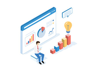 Poster - Isometric business analytics concept with charts and ideas