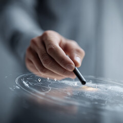 Poster - Hand interacting with a holographic globe, using a stylus. Symbolizes global connectivity, data analysis, innovation, and technology. Ideal for business, science, and future concepts.