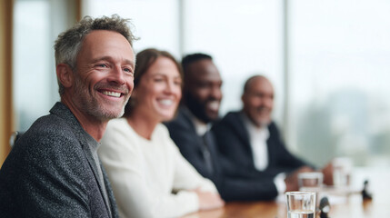 Poster - Diverse team sitting at a table, smiling confidently. Represents leadership, success, and collaboration. Perfect for corporate, diversity, or teamwork themes.