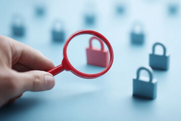 Poster - Hand with magnifying glass focusing on a red padlock among gray ones. Represents security audit, vulnerability scanning, or finding weak spots. Conceptual and minimalist.