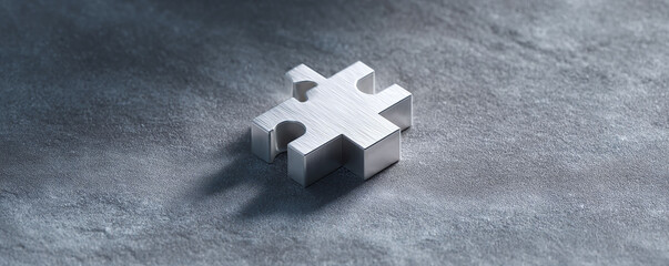 Poster - A single, metallic puzzle piece rests on a textured gray surface.  Its brushed metal finish adds a sleek, modern feel.