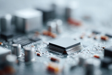 Poster - Macro shot of a circuit board, highlighting a central microchip with intricate details. Evokes themes of technology, innovation, and connectivity. Ideal for tech, science, or engineering projects.