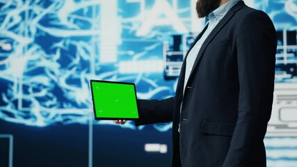 Poster - Studying neural networks systems, young IT specialist implements artificial intelligence with mockup screen on tablet. Man using automation for modern AI strategy and innovation. Camera A.