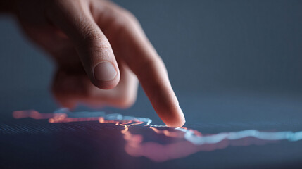 Poster - Finger analyzing a luminous data graph. Financial analysis, technology insight, business strategy. Ideal for presentations, websites, and reports.