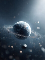 Poster - Realistic earth illustration in deep space with an asteroid ring. Evokes themes of fragility, science, future, environment. Great for web, presentations, print.