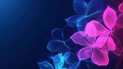 Poster - Futuristic abstract floral video background with glowing neon flower outlines in pink and blue over a deep navy backdrop.