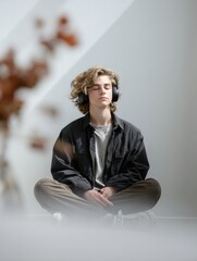 Aufkleber - Teen Engages in Mindfulness Meditation in a Serene Indoor Environment With Muted Device Beside